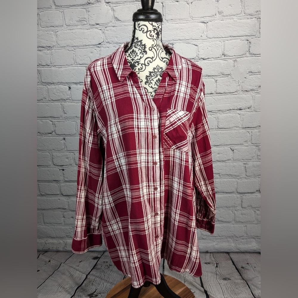 Evri women's long sleeve button front plaid print shirt plus size 2x pocket B1